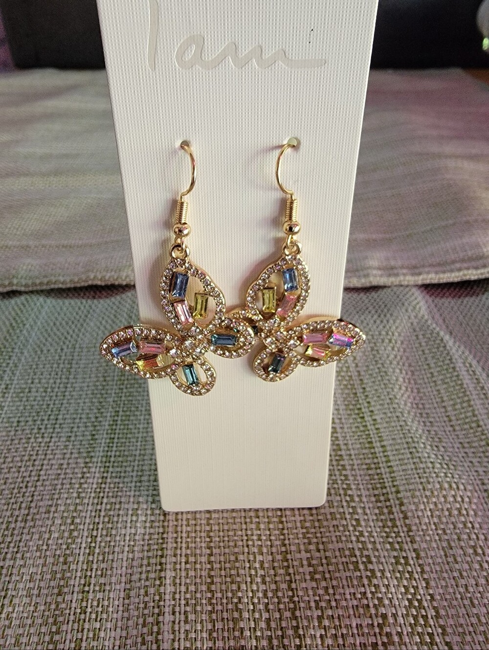 Gold Crystal Multi-Color Butterfly Drop Earrings